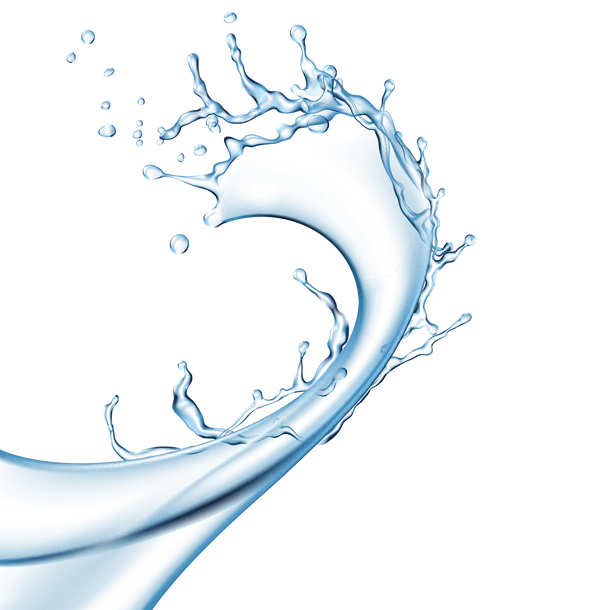 Blue water splash curling upward with droplets on a transparent background.