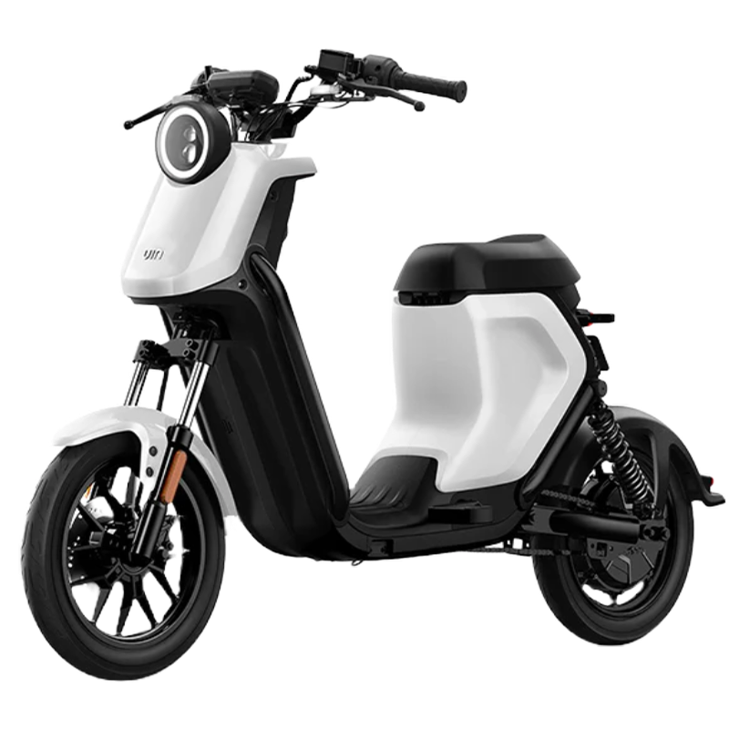 White and black modern electric scooter with round LED headlight and sleek design.