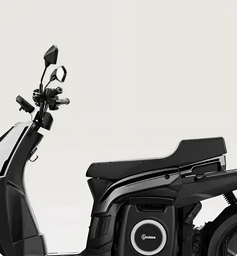 Side view of a sleek black electric scooter with visible handlebars and seat.