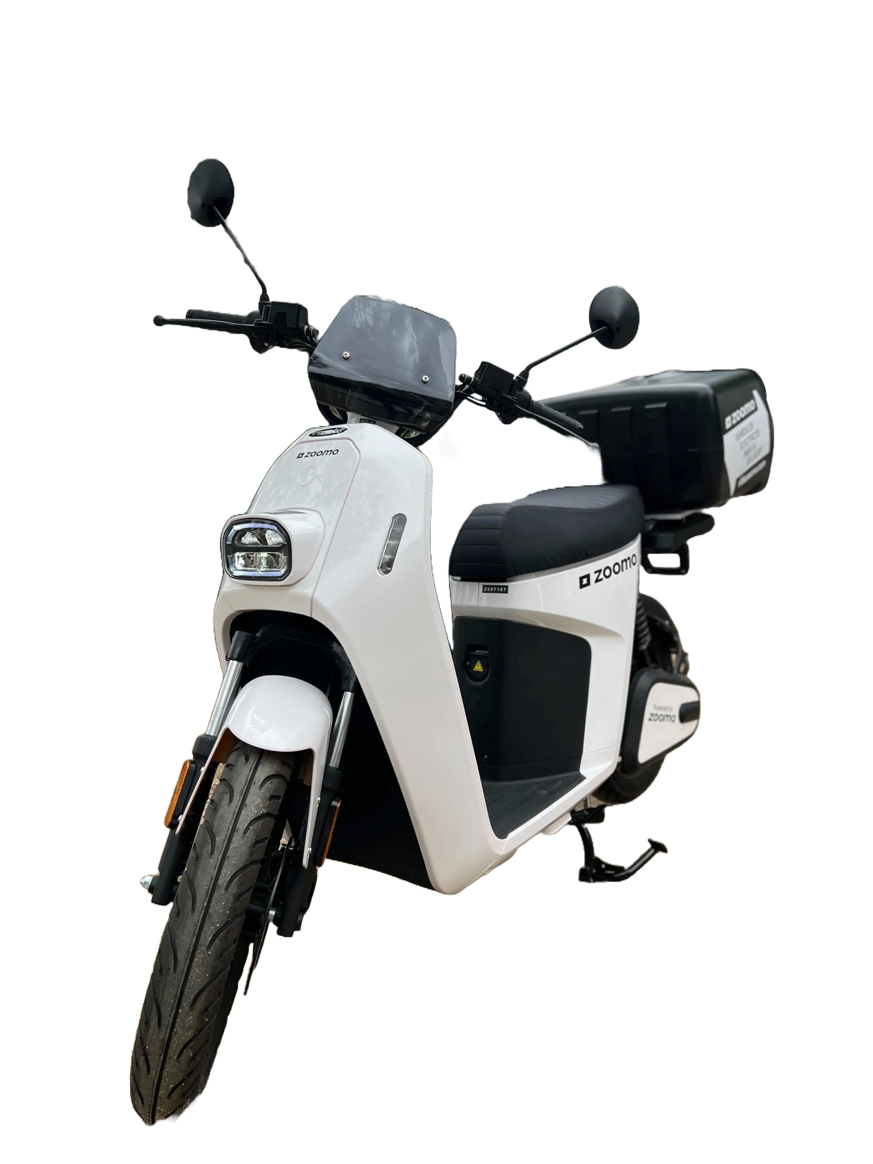 White Zoomo electric scooter with black seat and rear storage box, angled front view.