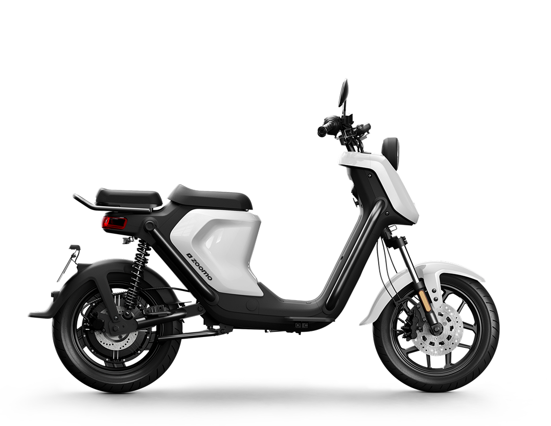 Side view of a white and black electric scooter with a seat, mirrors, and disc brakes.