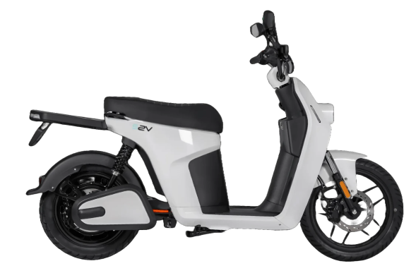 Side view of a white electric scooter with black seat and wheels on a black background.